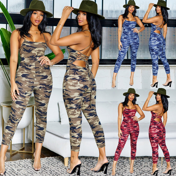 Green, Red, Or Blue Camouflage Backless Lace Up Jumpsuit S-2XL - Plug Fashions