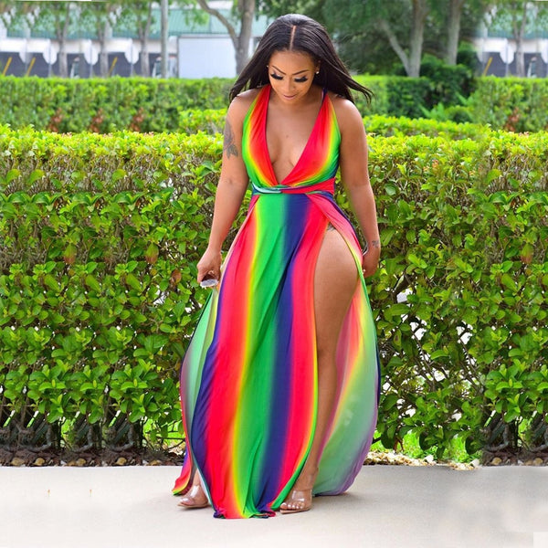 Rainbow Print Sleeveless Long Dress S-2XL(Different Colors Available) - Plug Fashions