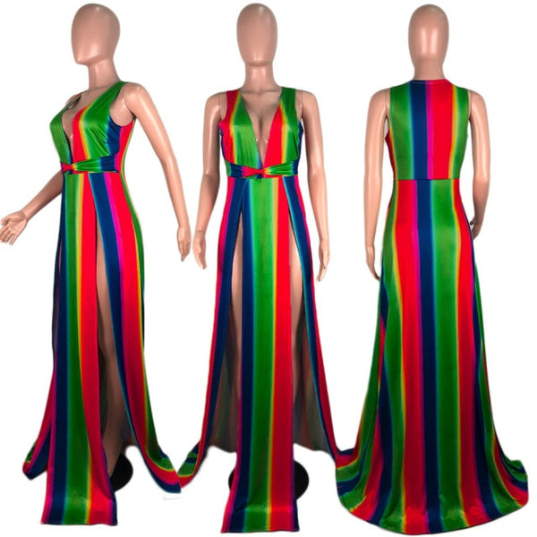 Rainbow Print Sleeveless Long Dress S-2XL(Different Colors Available) - Plug Fashions