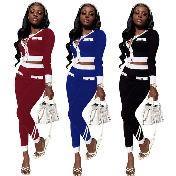 Black, Red, & Blue 2 Piece Neck Crop Top & Slim Pants Set S-2XL - Plug Fashions